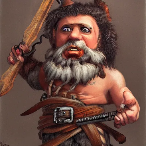Prompt: a gnome barbarian with a brown beard and a battle axe, by Gerald Brom, realistic, detailed, trending on art station