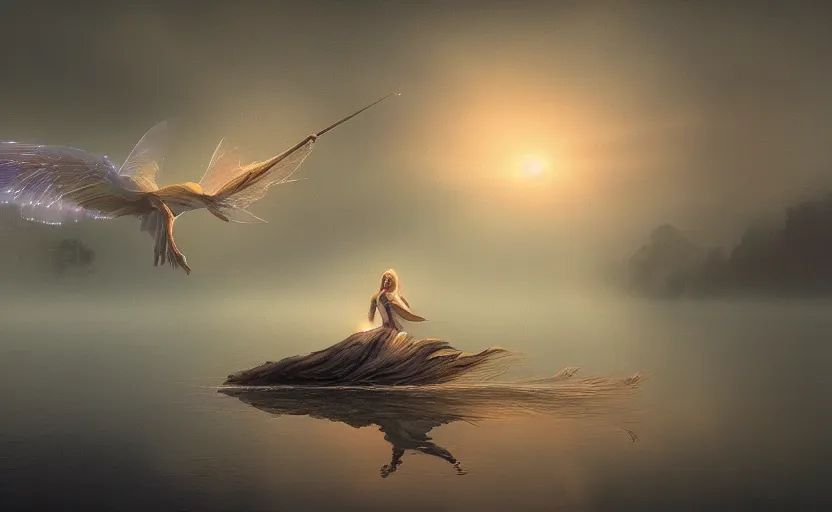 Image similar to digital oil painting of a fairy riding a heron high over a misty nighttime lake, ambient lighting, light bloom, cool lighting, trending on artstation