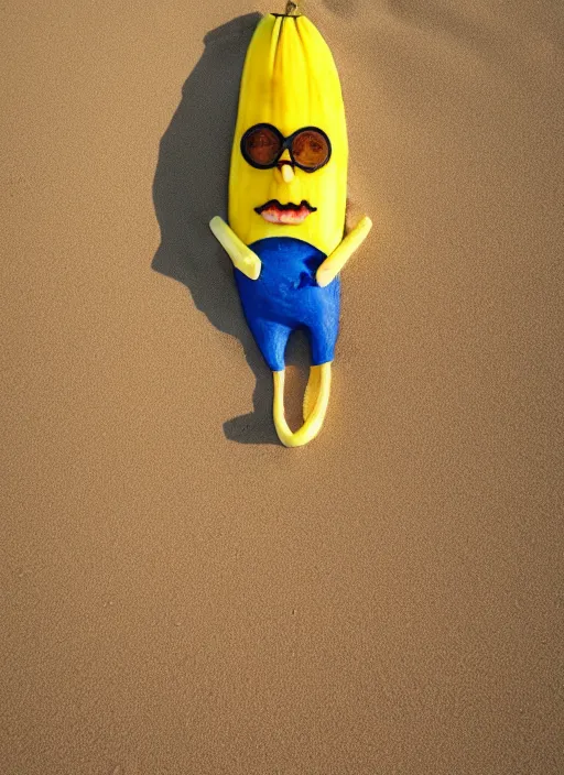 Image similar to jeff goldblum banana on the sand of a beach