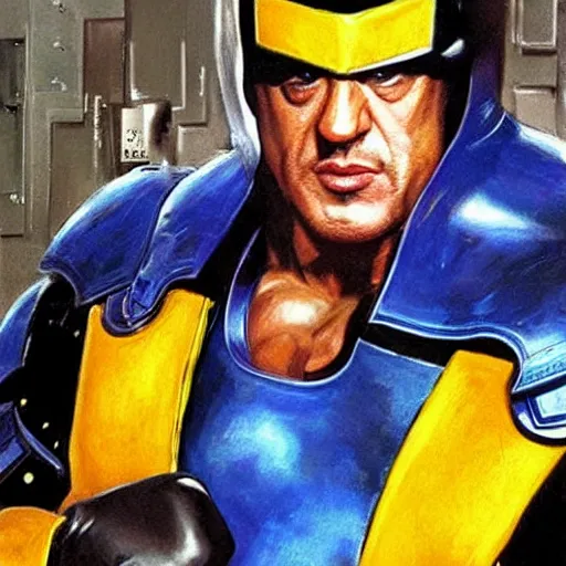 Image similar to sylvester stallone in blue metal cyber suit, art by bisley