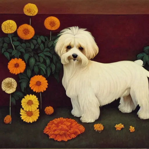 Image similar to portrait of a cream colored havanese dog with marigolds by diego rivera 1 9 3 5