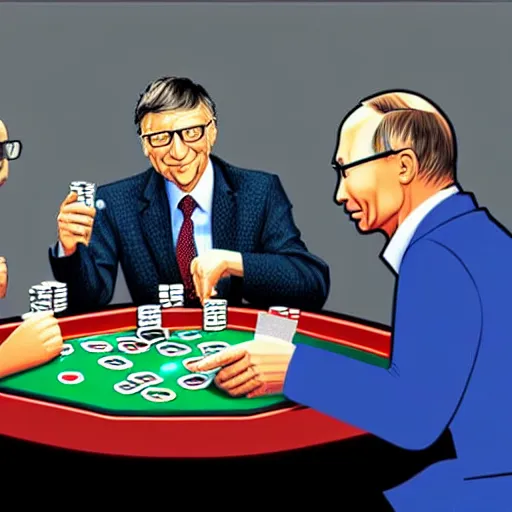 Prompt: UHD photorealistic Bill Gates playing poker with Klaus Schwab and Vladimir Putin, hyperrealistic, correct details, cosmic dynamic lighting, symmetrical faces, accurate faces, in the style of Mike Judge and Todd McFarlane