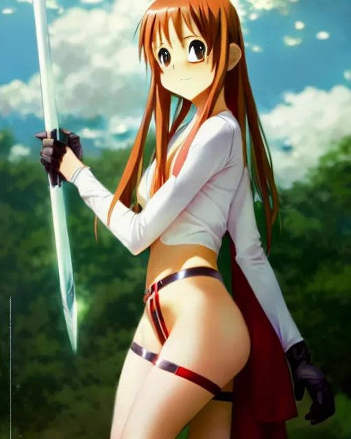 Image similar to very cute photo of asuna from sao, asuna by a - 1 pictures, by greg rutkowski, gil elvgren, enoch bolles, glossy skin, pearlescent, anime, maxim magazine, vert coherent