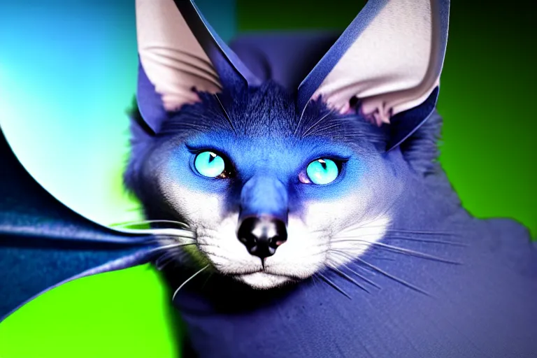 Image similar to a blue - and - black male blue / green heterochromatic catbat fursona with blue / green heterochromatic eyes ( one eye green ) and huge bat ears, photo of the catbat streaming on his computer