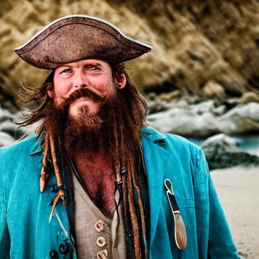 Prompt: a award winning outdoors beach portrait photo of a charismatic rugged pirate captain with brown beard and light brown long hair, faded teal coat and slightly chubby, big pirate hat movie color graded