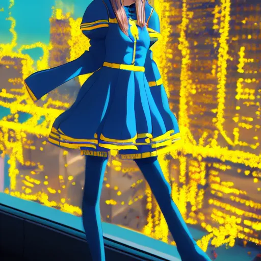 Image similar to anime ukrainian girl, in blue and yellow clothes, watching explosions in big city, concept art, trending on artstation, highly detailed, intricate, sharp focus, digital art, 8 k