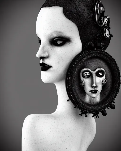 Image similar to black and white dreamy foggy smoky profile face portrait, one silver steampunk realistic eye biomechanical beautiful young female cyclope - cyborg - robot bust, body ribs meshes,, volumetric light, hibiscus flowers, by man ray, rim light, big gothic fashion pearl embroidered collar, 8 k