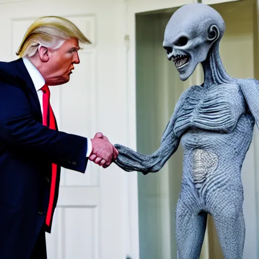 Prompt: press photo of donald trump facing the camera shaking hands with a gray alien