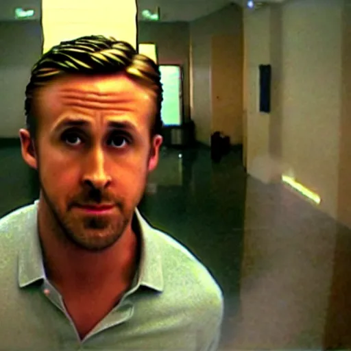 Image similar to CCTV footage of Ryan Gosling robbing a bank, recording tv static