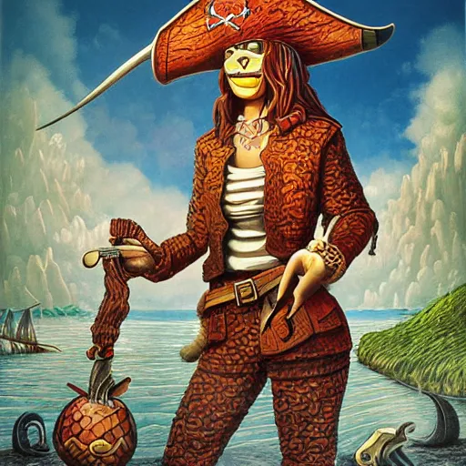Image similar to full body concept art of a female pirate by Jacek Yerka