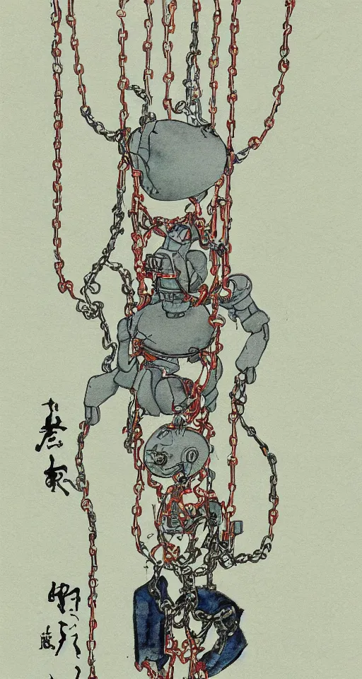 Image similar to a robot hanging by his feet in chains upside down peacefully, beautiful coloured Japanese ink painting inspired by the hanged man tarot card, sharp lines