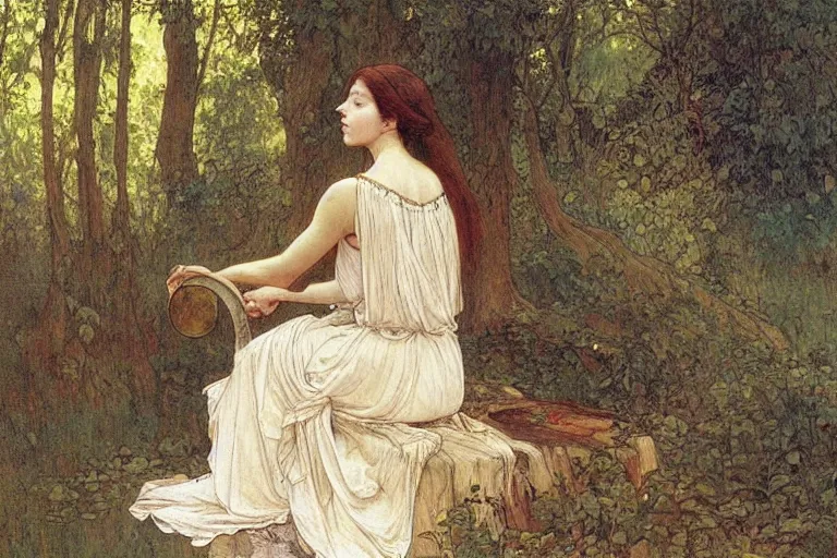 Image similar to a beautiful painting of the back view of a young lady with long dark hair in white linen dress sitting by the river in a grown forest, playing a golden harp, sunlight reflected on the river, Mucha, Moebius, Mohrbacher