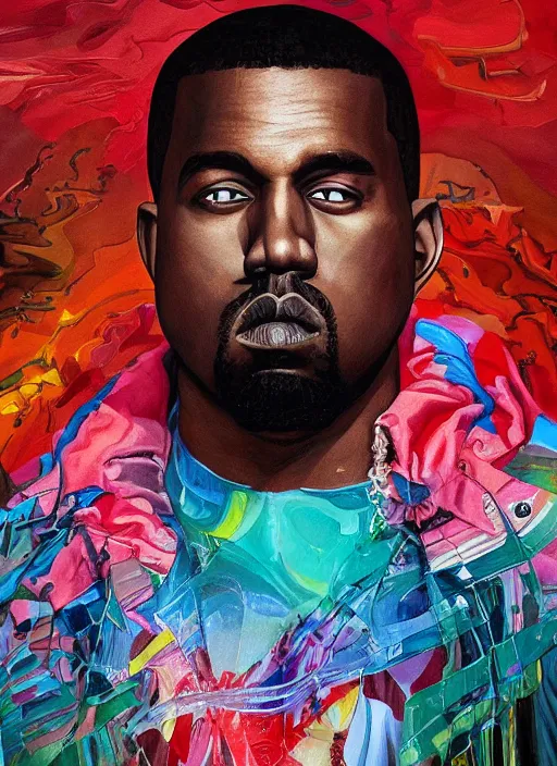 Image similar to ( ( ( ( ( beautiful painting of [ kanye west ], [ kanye west ] concept art, sci - fi illustration, airbrush watercolor painting [ cyberpunk ] ) ) ) ) ) by kehinde wiley and archan nair [ hyperrealism ]!!!!!!!