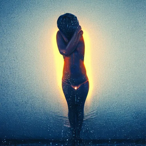 Image similar to sensual bodies intertwined in orange light, wet skin, close together, holding each other tight, drops of water, beautiful hands, no head, no face, torso, backlit, 8 k, realistic