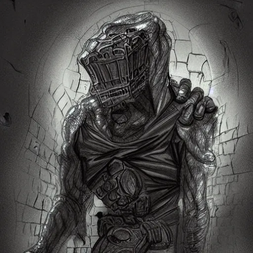 Prompt: the man stuck in the wall, creepy explorer sketch, godlike design, concept art, beyond the void, grand scale, intricate detailed