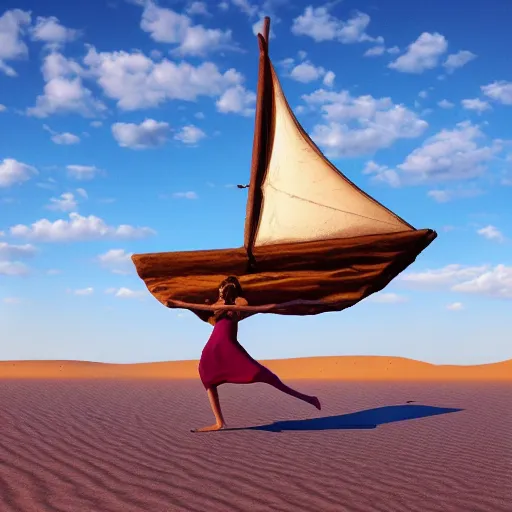 Prompt: air Genasi girl sailing on a skiff over a sandy desert