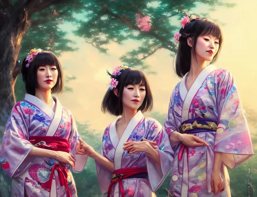 Image similar to two beautiful fashion taiwan girls wear fantasy yukata in festival | | big eyes, sunny, dreamlike art, realistic shaded, smile, good looking, fine details, 4 k realistic, cryengine, realistic shaded lighting poster by greg rutkowski, magali villeneuve, artgerm, jeremy lipkin and michael garmash and rob rey