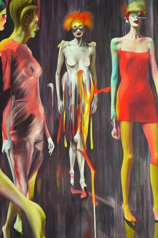 Image similar to crazy fashion catwalk, hauntingly surreal, highly detailed painting by francis bacon, edward hopper, adrian ghenie, gerhard richter, and james jean soft light 4 k,