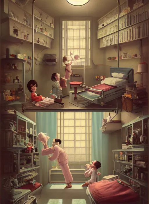 Image similar to highly detailed wide - angle portrait of a retro 1 9 6 0 s hospital, nicoletta ceccoli, mark ryden, lostfish, earl nore, hyung tae, frank frazetta, global illumination, god rays, detailed and intricate environment