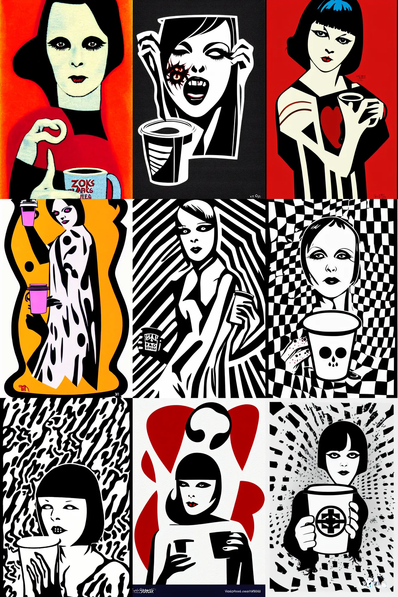 Prompt: patch logo design, vector, mary louise brooks as a zombie holding coffee cup, ross tan, op art, 1 9 2 0 s