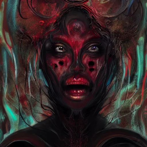 Prompt: woman, hell, horror, popular fantasy art abstract painting generated by artificial intelligence, 8K UHD, trending on artstation, extremely detailed