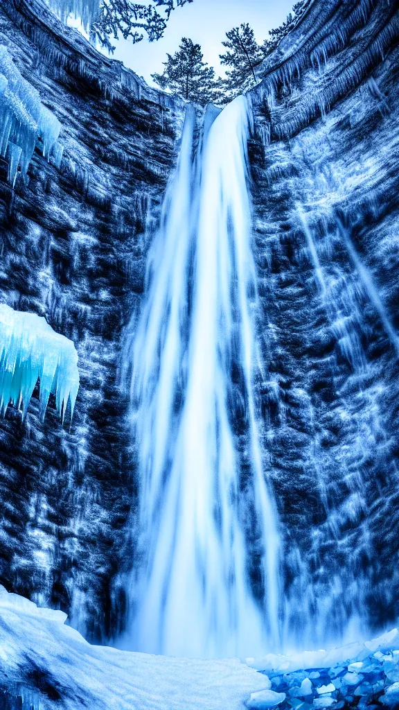 Prompt: highly detailed hd photo art of waterfall from ice mountains in the style of Greg Rutswoski, wide angle shot, concept art, 8K detail post-processing