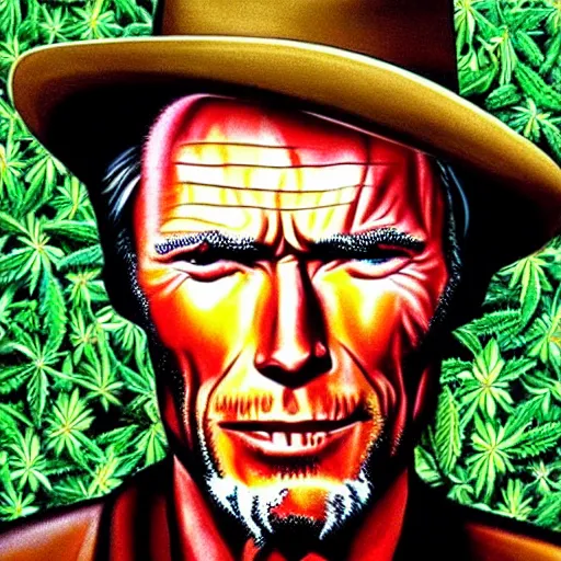 Prompt: clint eastwood portrait made of cannabis, weed art