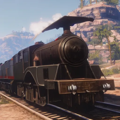 Image similar to futuristic sleek steam locomotive in red dead redemption 2