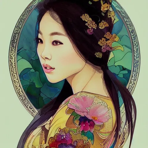 Image similar to Watercolor painting style, beautiful Thai girl by kittichai rueangchaichan, floralpunk, Artstation, art nouveau aesthetic, Alphonse Mucha background, intricate details, photo realistic, dramatic