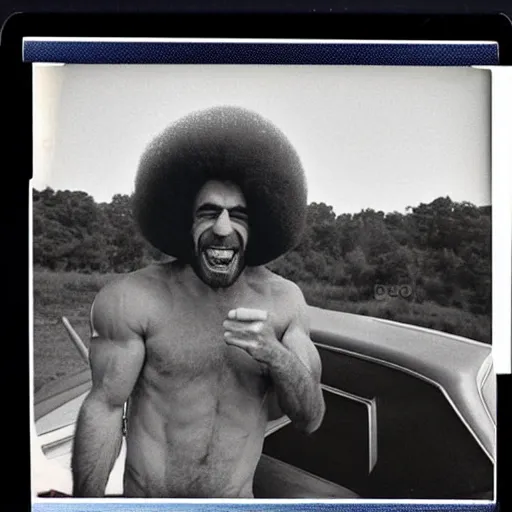 Prompt: joe rogan with an afro, 1 9 7 0's, pontiac car, new jersey, polaroid photo, alien buddy, leaning on car, relaxed and happy, alien buddy is pointing at the sky, laughing. 1 9 7 6, award winning photo