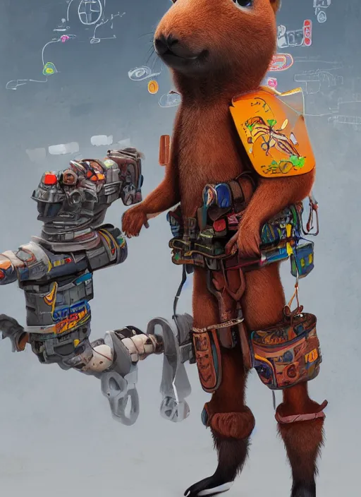 Image similar to cartoon, detailed full body concept art, illustration matte painting, an anthropomorphic capybara pilot in full intricate colorful clothing, ultra detailed, digital art, octane render, 4K, dystopian, biomutant, micro details