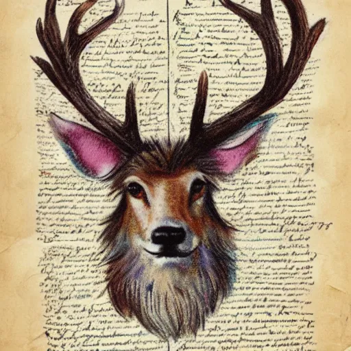 Image similar to professional vintage colored sketch of a fuzzy creature with antlers with full descriptions, on parchment, 8K, HD