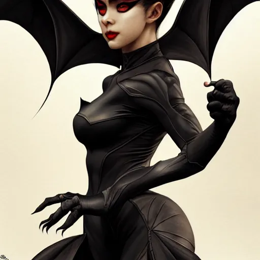 Image similar to 3 / 4 view of a portrait of bat woman with bat wings, confident pose, pixie, genshin impact,, intricate, elegant, sharp focus, illustration, highly detailed, concept art, matte, trending on artstation, anime, art by wlop and artgerm and greg rutkowski, marvel comics h 6 4 0