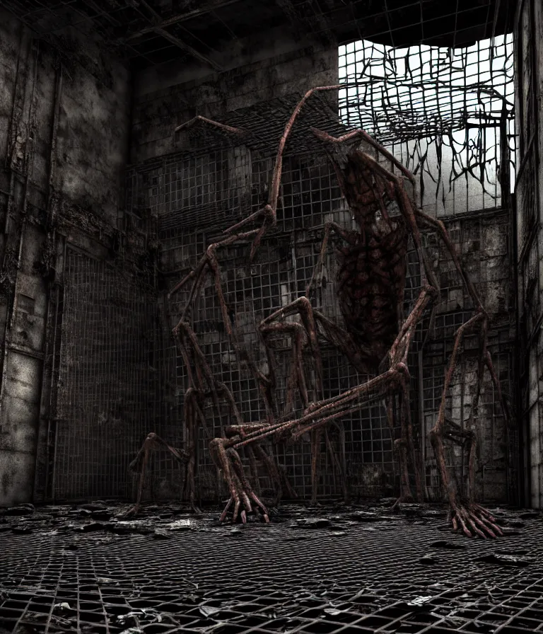 Image similar to Creepy huge suffering humanoid with long limbs sits on the floor. An underground very dark gloomy multi-layered structure of rusty thick iron grates, dense chain-link fencing and peeling walls. Inside view, collapsed floors, bent rusted iron, masterpiece, black background, corners, cinematic, hyperdetailed, photorealistic, hyperrealism, octane render, 8k, depth of field, bokeh, architecture, shadows, art by Zdzisław Beksiński, Dariusz Zawadzki