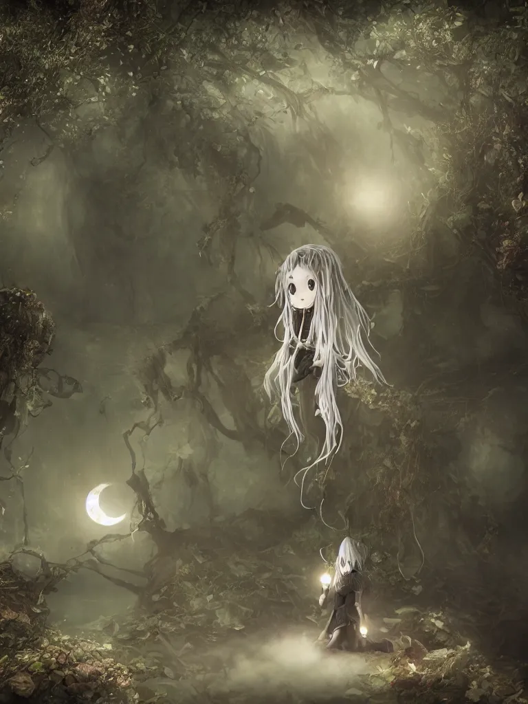 Image similar to cute fumo plush of a frail cursed witch girl wandering the depths of the forbidden jungle, gothic wraith maiden, wispy smoke and volumetric fog on pond, beyond the mirror, filmic, symmetric beauty, moonlight midnight glow, vignette, vray