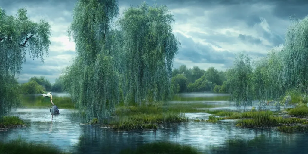 Image similar to a majestic blue heron in shallow river, waterfalls in distance, willow trees, cherry blosom trees, lily pads, bullrushes, marsh, clouds, godrays, intricate, luminescent matte painting, highly detailed, artstation