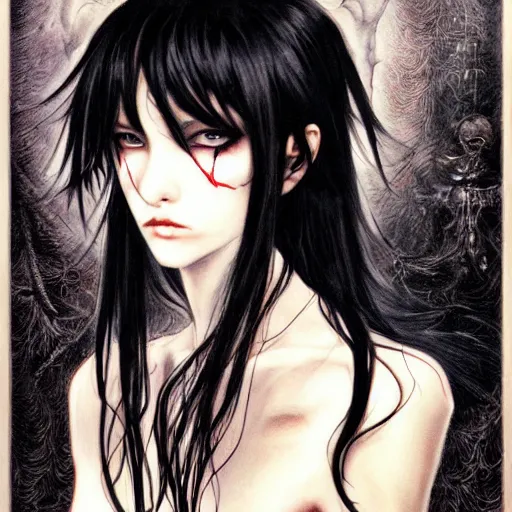 Image similar to a portrait of a character, black hair, dark eyes, dark, gothic, by Ayami Kojima, trending on pixv