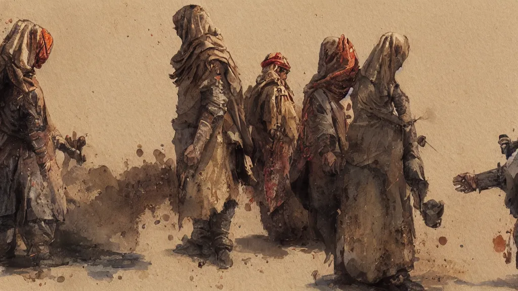 Prompt: close up of arabic merchants doing a handshake, papyrus, watercolored, jakub rozalski, dark colours, dieselpunk, artstation