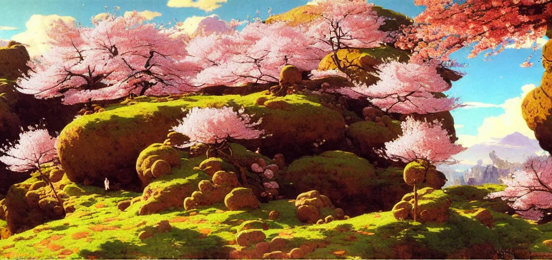 Prompt: ghibli illustrated background of a strikingly beautiful landform with strange rock formations and cherry blossoms by vasily polenov, eugene von guerard, ivan shishkin, albert edelfelt, john singer sargent, albert bierstadt 4 k