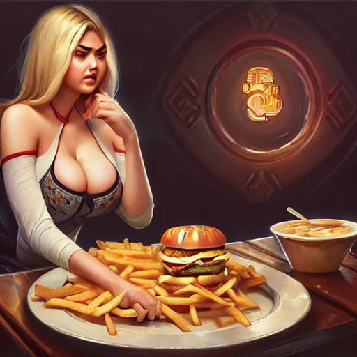 Prompt: Kate Upton devouring big macs, serving fries, eating burgers, dripping BBQ Sauce, D&D, fantasy, intricate, elegant, highly detailed, digital painting, artstation, concept art, matte, sharp focus, illustration, hearthstone, art by Artgerm and Greg Rutkowski and Alphonse Mucha