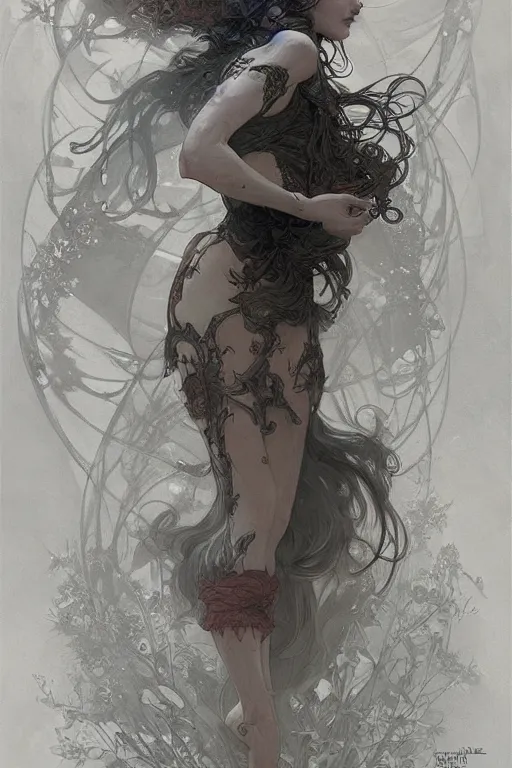 Image similar to beautiful pale gothic maiden, master drawing, intricate, elegant, highly detailed, digital painting, artstation, concept art, smooth, sharp focus, illustration, art alphonse mucha and james gurney and craig mullins and wlop