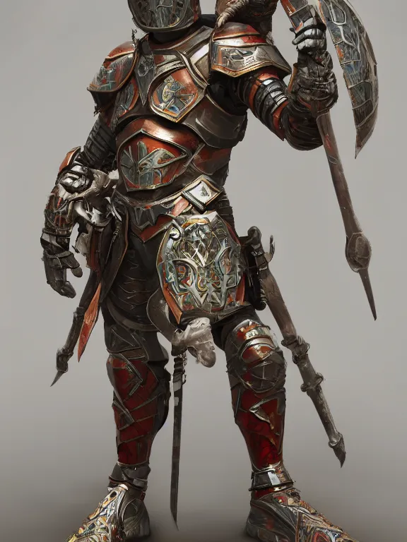 Image similar to full body frontview portrait of single heroic warrior with insect armour, character study, designed in blender, 4 k hd, octane render, intricate and highly detailed, coloured with lots of colour, cinematic, dynamic pose,