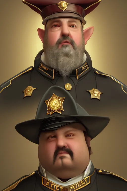 Image similar to a shifty fat high elf mall cop with a sheriff's badge, Oil Painting, hyperrealistic, octane render, Detailed Digital Art, RPG portrait, 3/4 bust, William-Adolphe Bouguereau, Michael Cheval, dynamic lighting, Highly Detailed, Cinematic Lighting, 8k, HD