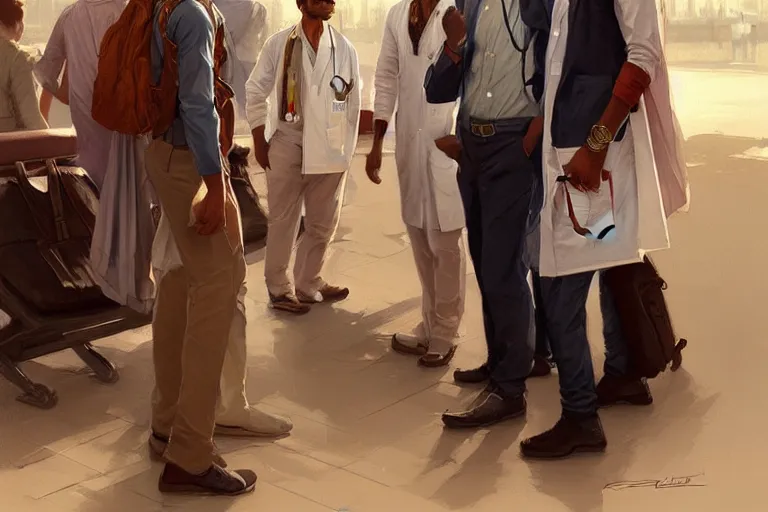 Prompt: Exasperated good looking pale young Indian doctors wearing American clothes chatting at the airport, portrait, elegant, intricate, digital painting, artstation, concept art, smooth, sharp focus, illustration, art by artgerm and greg rutkowski and alphonse mucha