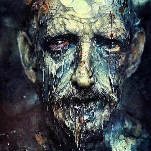 Prompt: mutant fishman sailor old man with gills and scales from the ocean by emil melmoth zdzislaw beksinki craig mullins yoji shinkawa realistic render ominous detailed photo atmospheric by jeremy mann francis bacon and agnes cecile ink drips paint smears digital glitches glitchart