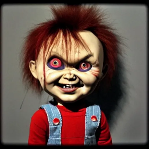 Image similar to Chucky the killer doll standing in a dark room holding a knife, scary lighting