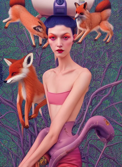 Image similar to pretty model with foxes : : by martine johanna and simon stalenhag and chie yoshii and casey weldon and wlop : : ornate, dynamic, particulate, rich colors, intricate, elegant, highly detailed, vogue, harper's bazaar art, fashion magazine, smooth, sharp focus, 8 k, octane render,