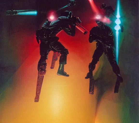 Prompt: two time commandos wearing techno visors and red rick owens flight suits with their hands behind their backs inside the glowing geometric rainbow portal to the sixth dimension by frank frazetta h 5 7 6
