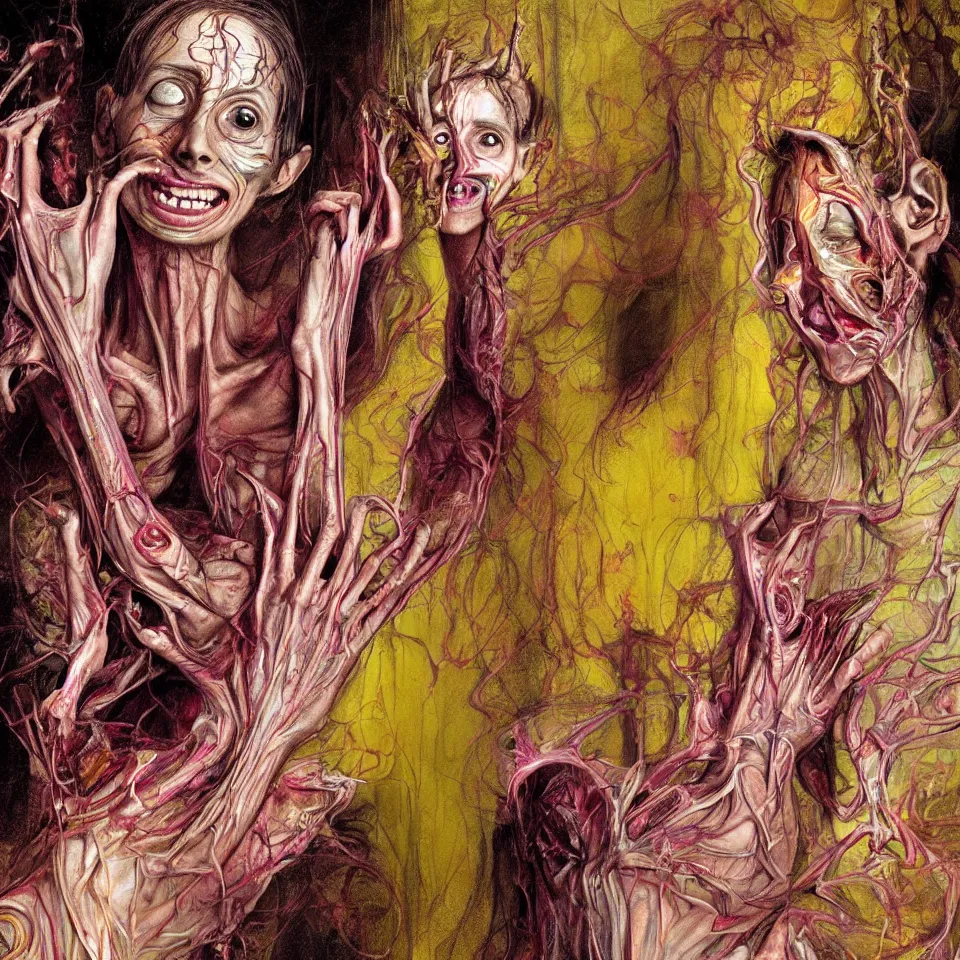 Image similar to bright psychdelic realistic anorexic cult turning into gods and deamons and smiling franticly, old apartment, rotten flesh, diffuse lighting, fantasy, intricate, elegant, highly detailed, lifelike, photorealistic, digital painting, artstation, illustration, concept art, smooth, sharp focus, art by francis bacon and jenny saville