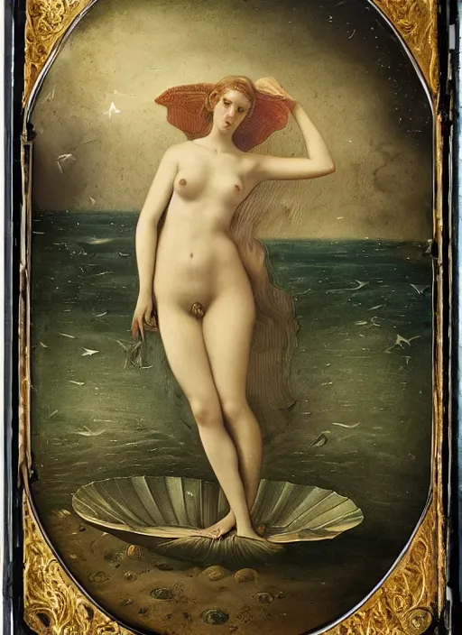 Prompt: old wetplate daguerreotype birth of venus during the ending of the world, fractal, intricate, elegant, highly detailed, parallax, leica, medium format, subsurface scattering, by jheronimus bosch and greg rutkowski and louis jacques mande daguerre